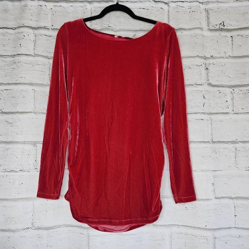 Soft Surroundings Stretch Velvet Rouched Sides Long Sleeve Red Womens Medium
